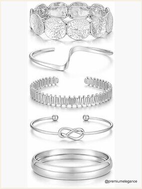 14K Gold Plated Chunky Bangle Bracelets Set, 5 Piece Boho Jewelry